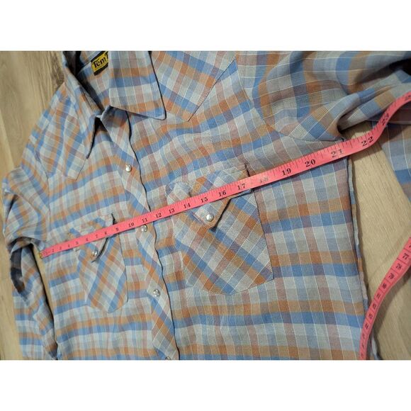 Vintage 70s Tem Tex Pearl Snap Western Shirt Mens M Plaid Check Cowboy Sawtooth - Picture 6 of 11